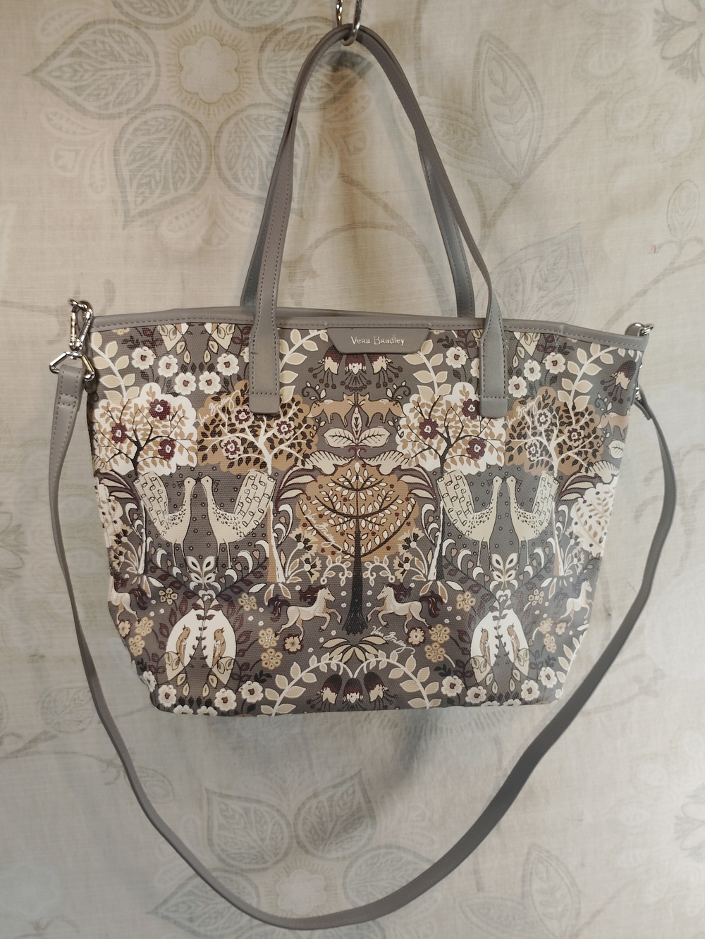 Vera Bradley Gray Floral Crossbody/ Shoulder Tote Bag with Removable Strap